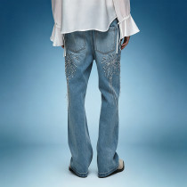 Custom Washed  Straight Leg Jeans | Rhinestone Streetwear Denim Pants | Thick High Waist Jeans