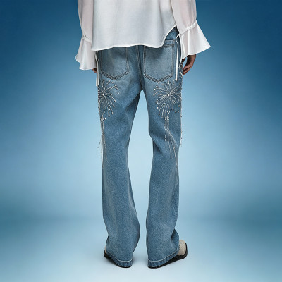 Custom Washed  Straight Leg Jeans | Rhinestone Streetwear Denim Pants | Thick High Waist Jeans