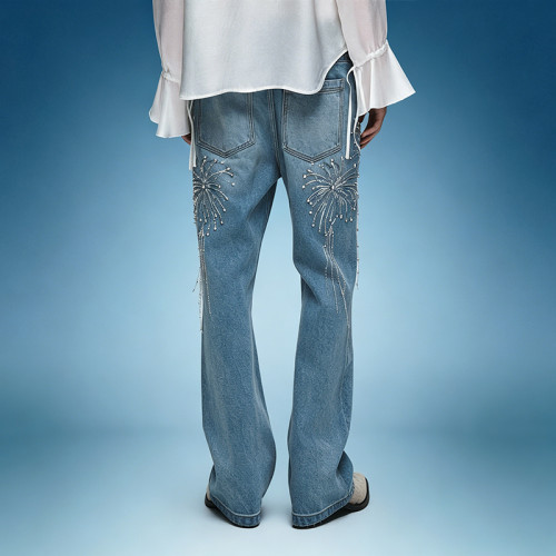 Custom Washed Straight Leg Jeans | Rhinestone Streetwear Denim Pants | Thick High Waist Jeans