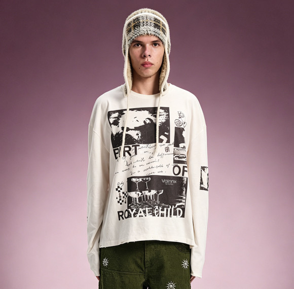 Custom Graphic Print T-shirt | Oversized Crew Neck Long Sleeve Tee | Distressed Raw Hem T-shirt