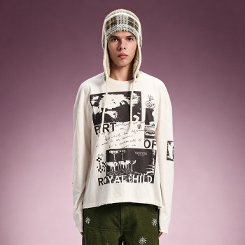 Custom Graphic Print T-shirt | Oversized Crew Neck Long Sleeve Tee | Distressed Raw Hem T-shirt