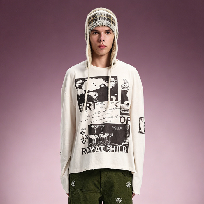 Custom Graphic Print T-shirt | Oversized Crew Neck Long Sleeve Tee | Distressed Raw Hem T-shirt