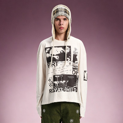 Custom Graphic Print T-shirt | Oversized Crew Neck Long Sleeve Tee | Distressed Raw Hem T-shirt