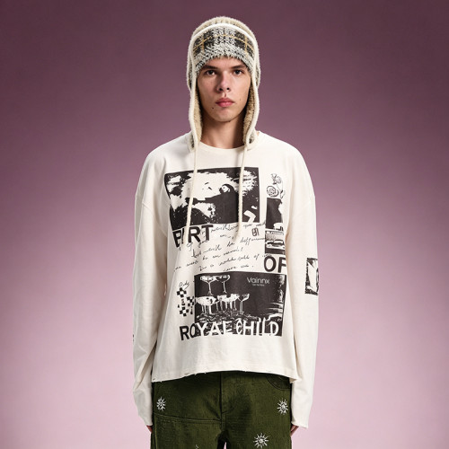Custom Graphic Print T-shirt | Oversized Crew Neck Long Sleeve Tee | Distressed Raw Hem T-shirt