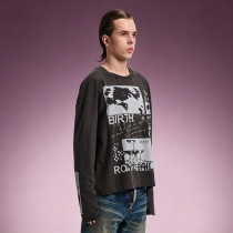 Custom Graphic Print T-shirt | Oversized Crew Neck Long Sleeve Tee | Distressed Raw Hem T-shirt