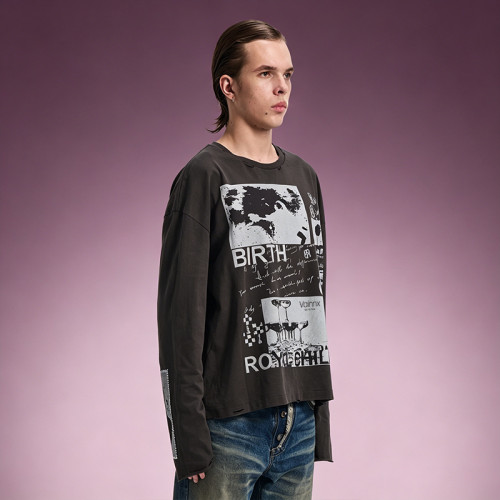 Custom Graphic Print T-shirt | Oversized Crew Neck Long Sleeve Tee | Distressed Raw Hem T-shirt