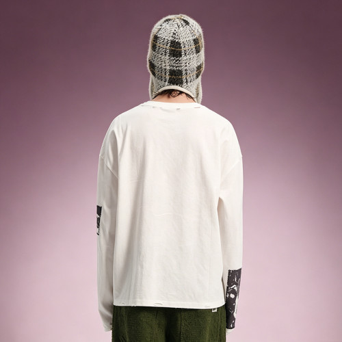 Custom Graphic Print T-shirt | Oversized Crew Neck Long Sleeve Tee | Distressed Raw Hem T-shirt