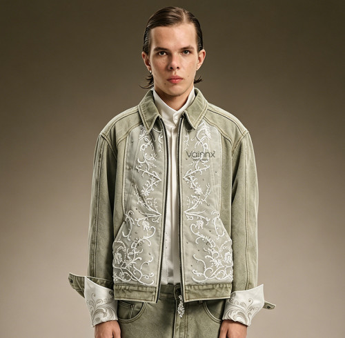 Custom Rhinestone Jacket | Floral Embroidery Jacket | Cropped Washed Denim Trucker Jacket For Men