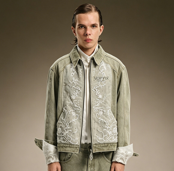 Custom Rhinestone Jacket | Floral Embroidery Jacket | Cropped Washed Denim Trucker Jacket For Men