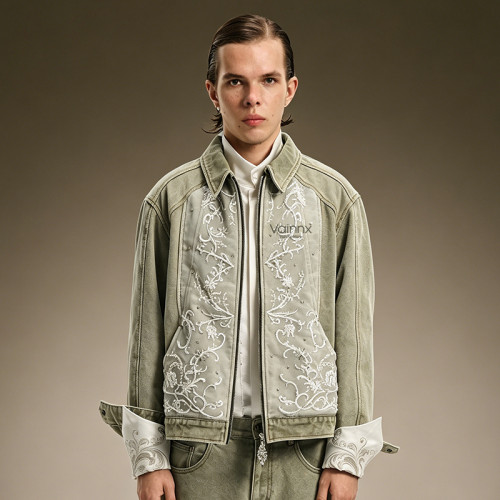 Custom Rhinestone Jacket | Floral Embroidery Jacket | Cropped Washed Denim Trucker Jacket For Men