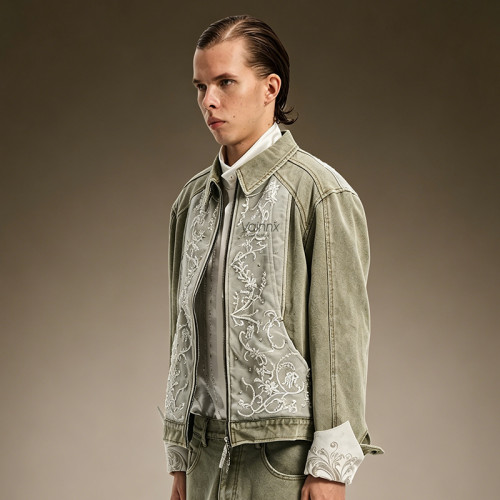 Custom Rhinestone Jacket | Floral Embroidery Jacket | Cropped Washed Denim Trucker Jacket For Men