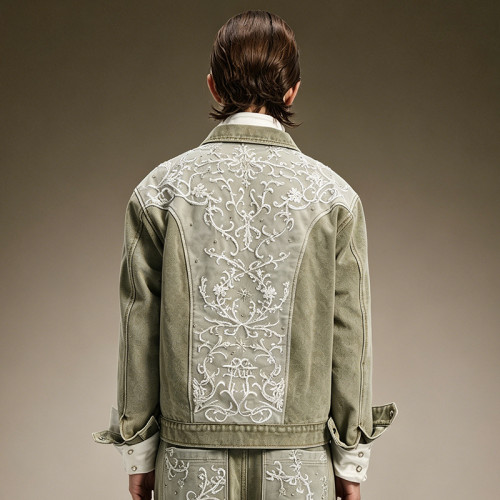 Custom Rhinestone Jacket | Floral Embroidery Jacket | Cropped Washed Denim Trucker Jacket For Men