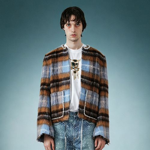 Luxury High Quality Streetwear Jacket | Custom Rhinestone Plaid Jacket | Crop Fit Cardigan Jacket