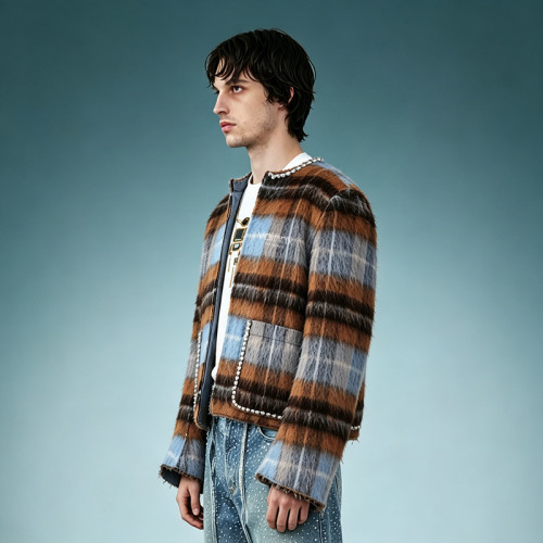 Luxury High Quality Streetwear Jacket | Custom Rhinestone Plaid Jacket | Crop Fit Cardigan Jacket