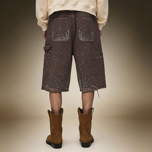 Custom Men's Distressed Denim Shorts | Rhinestone Baggy Knee Length Cargo Shorts | Vintage Washed Shorts