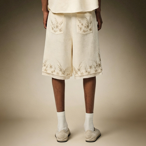 Custom Wide Leg Knee Shorts | Men's Flower Embroidery Casual Shorts | Vintage Sweat Shorts