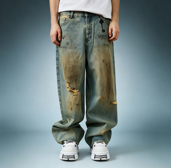 OEM Custom Streetwear Jeans | Vintage Washed Denim Pants | Distressed Baggy Wide Leg Denim Trousers