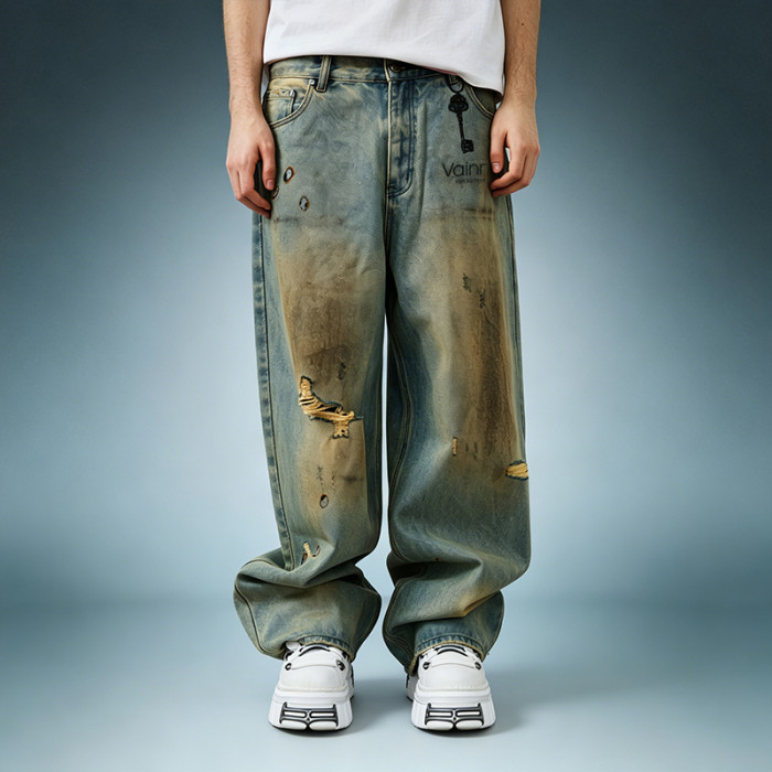OEM Custom Streetwear Jeans | Vintage Washed Denim Pants | Distressed Baggy Wide Leg Denim Trousers