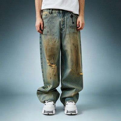 OEM Custom Streetwear Jeans | Vintage Washed Denim Pants | Distressed Baggy Wide Leg Denim Trousers