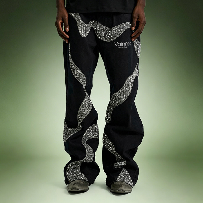Custom Designer Streetwear Jeans | Wide Leg Rhinestone Pants | High Quality High Waist Jeans