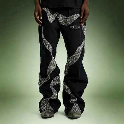 Custom Designer Streetwear Jeans | Wide Leg Rhinestone Pants | High Quality High Waist Jeans