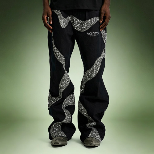 Custom Designer Streetwear Jeans | Wide Leg Rhinestone Pants | High Quality High Waist Jeans