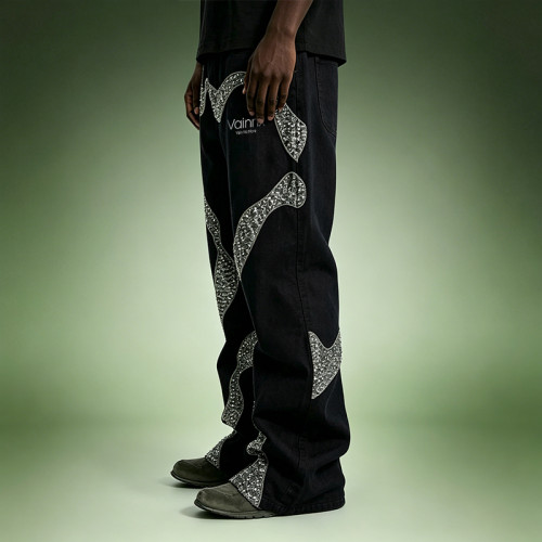 Custom Designer Streetwear Jeans | Wide Leg Rhinestone Pants | High Quality High Waist Jeans