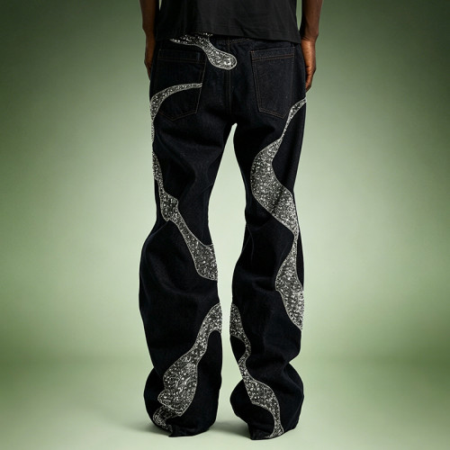 Custom Designer Streetwear Jeans | Wide Leg Rhinestone Pants | High Quality High Waist Jeans