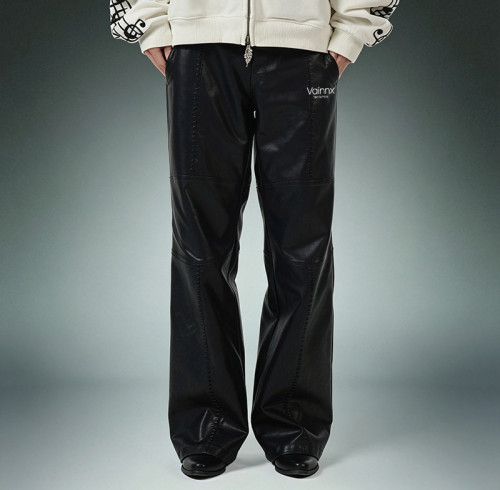 Custom Patchwork Embroidery Pants | Straight Leg Casual Pants | Glossy Faux Leather Bootcut Pants