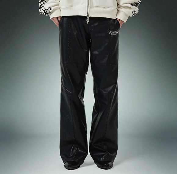 Custom Patchwork Embroidery Pants | Straight Leg Casual Pants | Glossy Faux Leather Bootcut Pants