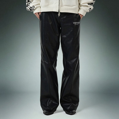 Custom Patchwork Embroidery Pants | Straight Leg Casual Pants | Glossy Faux Leather Bootcut Pants