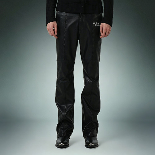 Custom Patchwork Embroidery Pants | Straight Leg Casual Pants | Glossy Faux Leather Bootcut Pants
