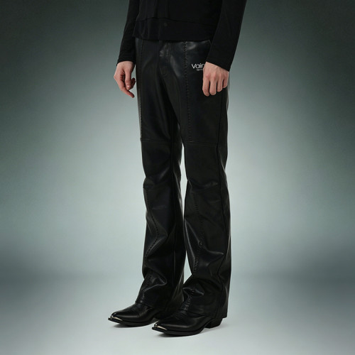Custom Patchwork Embroidery Pants | Straight Leg Casual Pants | Glossy Faux Leather Bootcut Pants