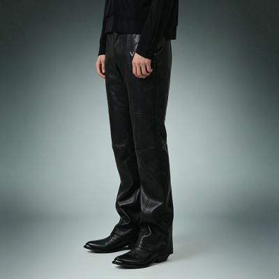 Custom Patchwork Embroidery Pants | Straight Leg Casual Pants | Glossy Faux Leather Bootcut Pants