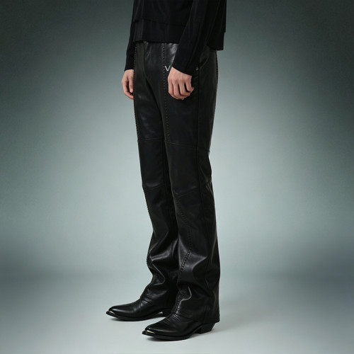 Custom Patchwork Embroidery Pants | Straight Leg Casual Pants | Glossy Faux Leather Bootcut Pants