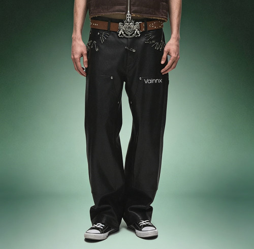 Custom Logo Pants |  Front Pocket Baggy Punk Men's Pants |  Straight Fit Faux Leather Trousers