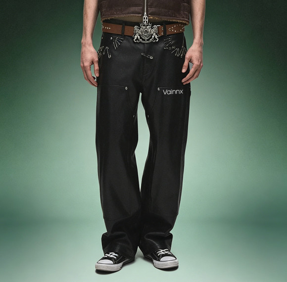 Custom Logo Pants |  Front Pocket Baggy Punk Men's Pants |  Straight Fit Faux Leather Trousers