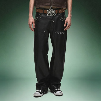Custom Logo Pants |  Front Pocket Baggy Punk Men's Pants |  Straight Fit Faux Leather Trousers