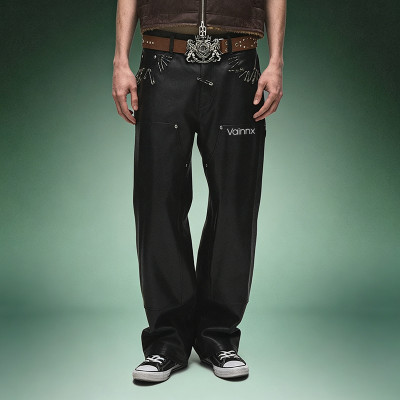 Custom Logo Pants |  Front Pocket Baggy Punk Men's Pants |  Straight Fit Faux Leather Trousers