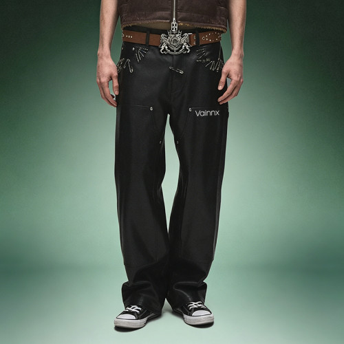 Custom Logo Pants |  Front Pocket Baggy Punk Men's Pants |  Straight Fit Faux Leather Trousers