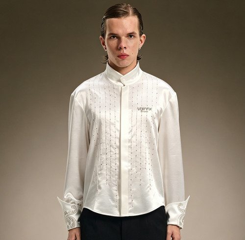 Custom Luxury Shirt | Rhinestone Oversized Streetwear Blouse | Embroidery Flare Cuff Shirt