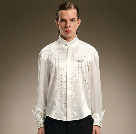 Custom Luxury Shirt | Rhinestone Oversized Streetwear Blouse | Embroidery Flare Cuff Shirt