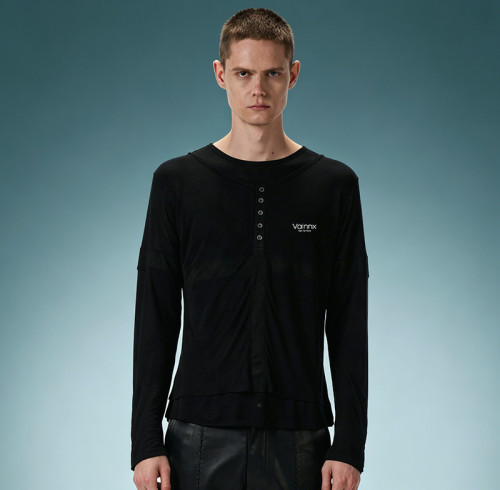 Custom Cotton Slim Fit T-shirt | Lightweight Long Sleeve T-shirt | Panel Spliced Snap Placket Gothic Tee