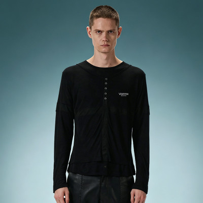Custom Cotton Slim Fit T-shirt | Lightweight Long Sleeve T-shirt | Panel Spliced Snap Placket Gothic Tee