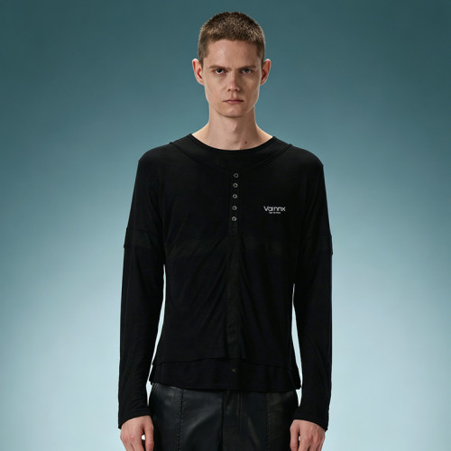 Custom Cotton Slim Fit T-shirt | Lightweight Long Sleeve T-shirt | Panel Spliced Snap Placket Gothic Tee