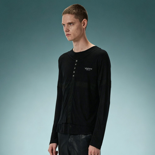 Custom Cotton Slim Fit T-shirt | Lightweight Long Sleeve T-shirt | Panel Spliced Snap Placket Gothic Tee