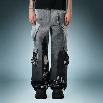 OEM ODM Custom Logo Patchwork Pants | Multi Pocket Cargo Pants | Acid Wash Wide Leg Trousers
