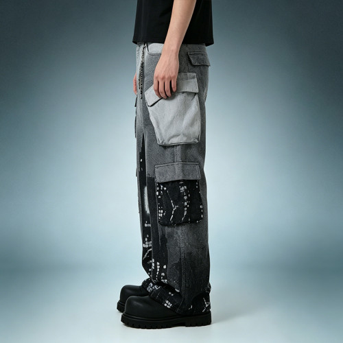 OEM ODM Custom Logo Patchwork Pants | Multi Pocket Cargo Pants | Acid Wash Wide Leg Trousers