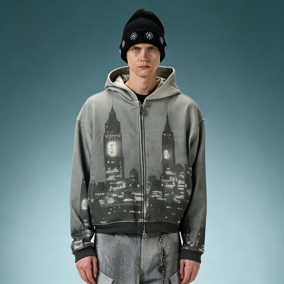 Custom Screen Print Hoodie | Vintage Acid Wash Zip Up Hoodie | Crop Fit Streetwear Hoodie
