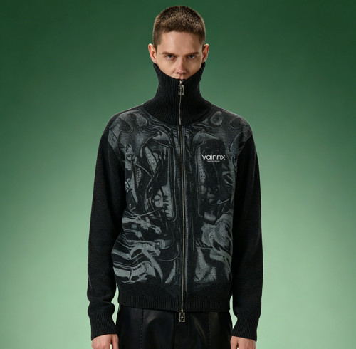 Custom Graphic Jacquard Full Zip Sweater | Streetwear Cardigan Sweater | Turtleneck Wool Men's Knit Jacket